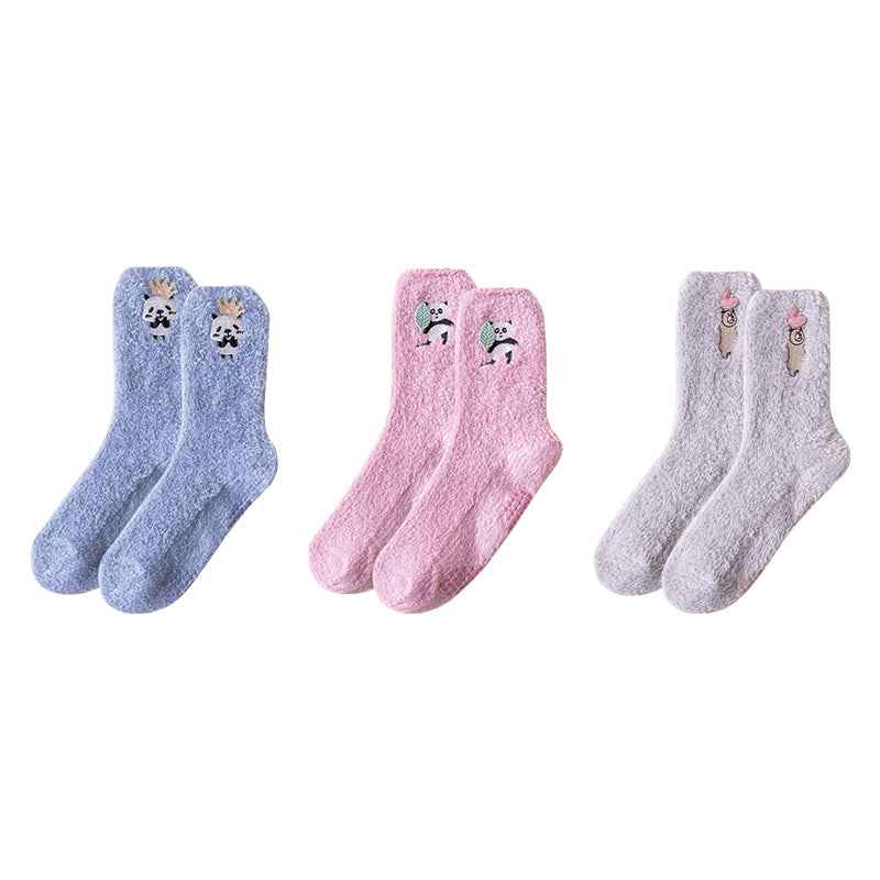 Sweetnana Cozy Crew Socks for Women: 3-Pack Cute Embroidered Fuzzy Socks, Thickened Non-slip and Warm, Lounge Wear & Winter Stockings
