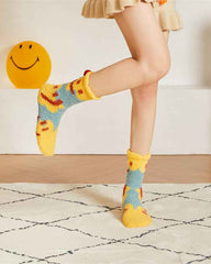 Sweetnana 3-Pack Women’s Cozy Crew Socks – Super Soft Non-Slip Slipper Socks with Smiley Face Designs, Thickened and Fuzzy for Winter