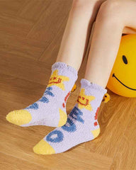 Sweetnana 3-Pack Women’s Cozy Crew Socks – Super Soft Non-Slip Slipper Socks with Smiley Face Designs, Thickened and Fuzzy for Winter