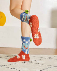 Sweetnana 3-Pack Women’s Cozy Crew Socks – Super Soft Non-Slip Slipper Socks with Smiley Face Designs, Thickened and Fuzzy for Winter