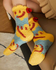 Sweetnana 3-Pack Women’s Cozy Crew Socks – Super Soft Non-Slip Slipper Socks with Smiley Face Designs, Thickened and Fuzzy for Winter