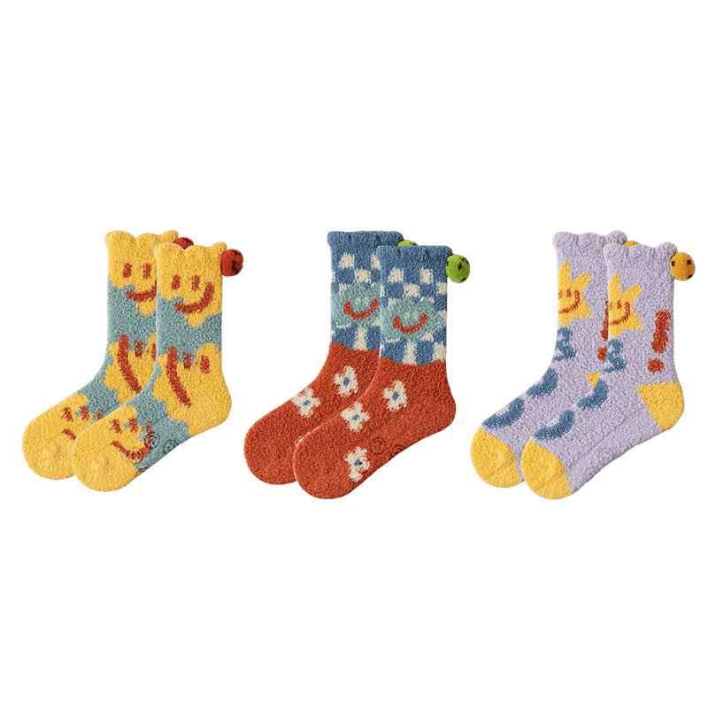 Sweetnana 3-Pack Women’s Cozy Crew Socks – Super Soft Non-Slip Slipper Socks with Smiley Face Designs, Thickened and Fuzzy for Winter