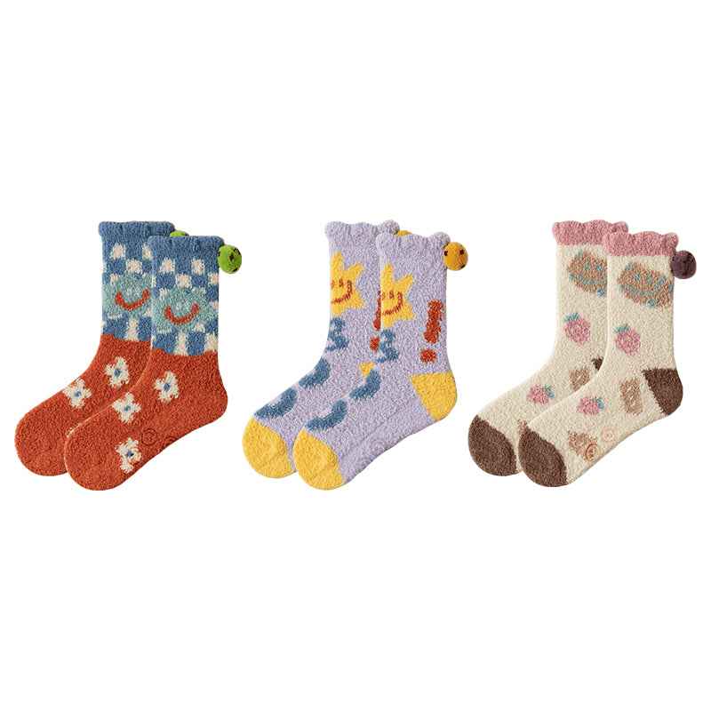 Sweetnana 3-Pack Women’s Cozy Crew Socks – Super Soft Non-Slip Slipper Socks with Smiley Face Designs, Thickened and Fuzzy for Winter