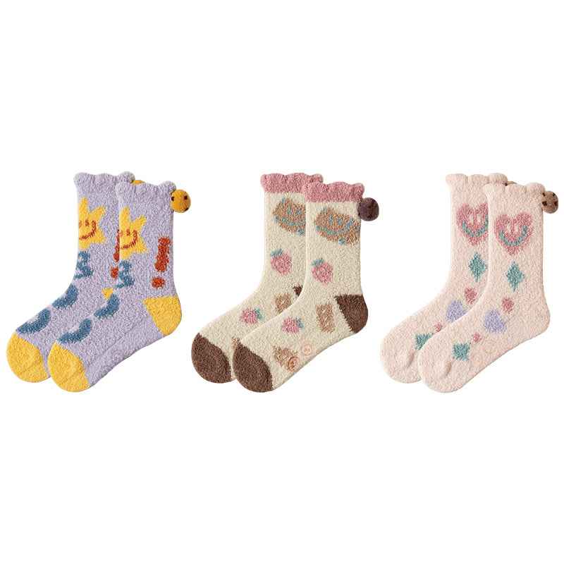 Sweetnana 3-Pack Women’s Cozy Crew Socks – Super Soft Non-Slip Slipper Socks with Smiley Face Designs, Thickened and Fuzzy for Winter