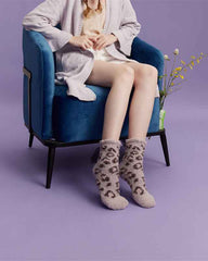 Sweetnana Cozy Crew Socks for Women, Thickened Fuzzy Winter Stockings, Super Soft Non-Slip Lounge Wear Socks, Cute Lace Leopard Print, 3-Pack