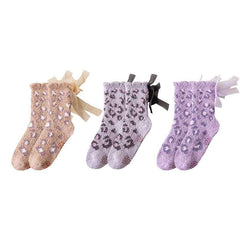 Sweetnana Cozy Crew Socks for Women, Thickened Fuzzy Winter Stockings, Super Soft Non-Slip Lounge Wear Socks, Cute Lace Leopard Print, 3-Pack