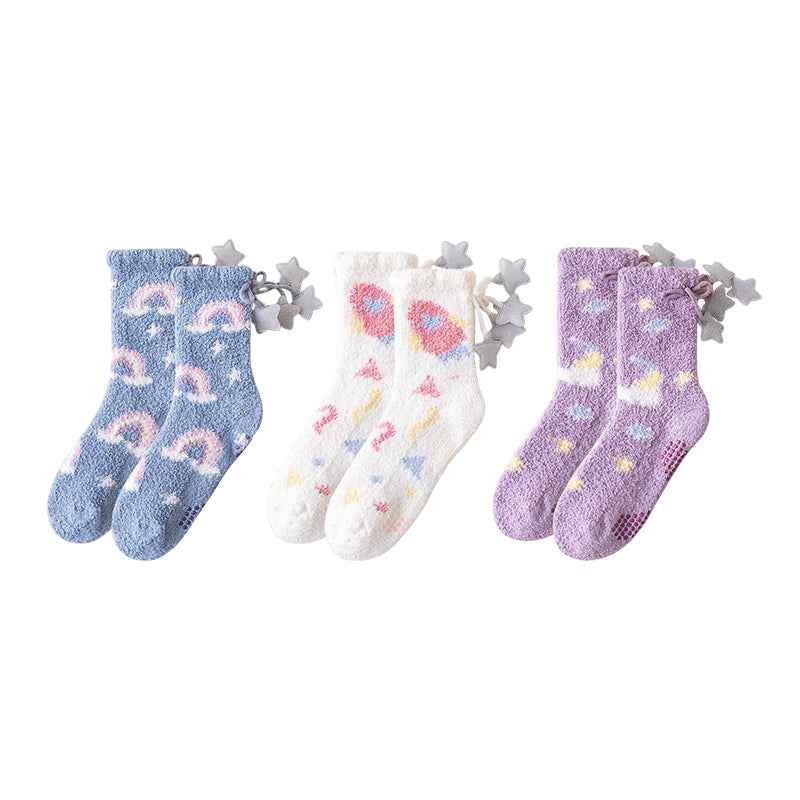 Sweetnana 3-Pack Cozy Crew Socks for Women – Super Soft Fuzzy Socks, Thickened and Non-Slip, Cute Universe Space Series for Winter Stockings and Lounge Wear