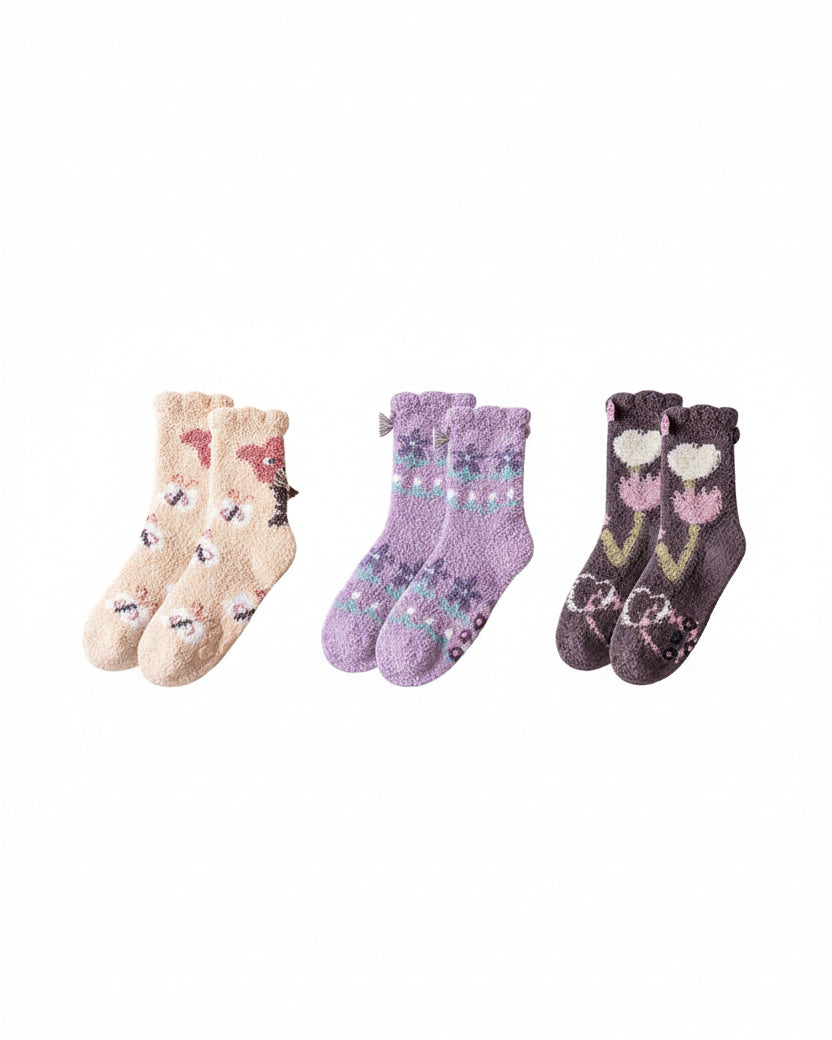 Sweetnana 3-Pack Cozy Crew Socks for Women - Playful Flowers Series Super Soft Fuzzy Winter Stockings - Non-Slip Thickened Slipper Socks