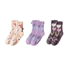 Sweetnana 3-Pack Cozy Crew Socks for Women - Playful Flowers Series Super Soft Fuzzy Winter Stockings - Non-Slip Thickened Slipper Socks