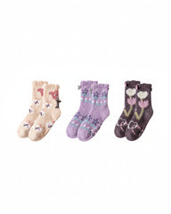 Sweetnana 3-Pack Cozy Crew Socks for Women - Playful Flowers Series Super Soft Fuzzy Winter Stockings - Non-Slip Thickened Slipper Socks