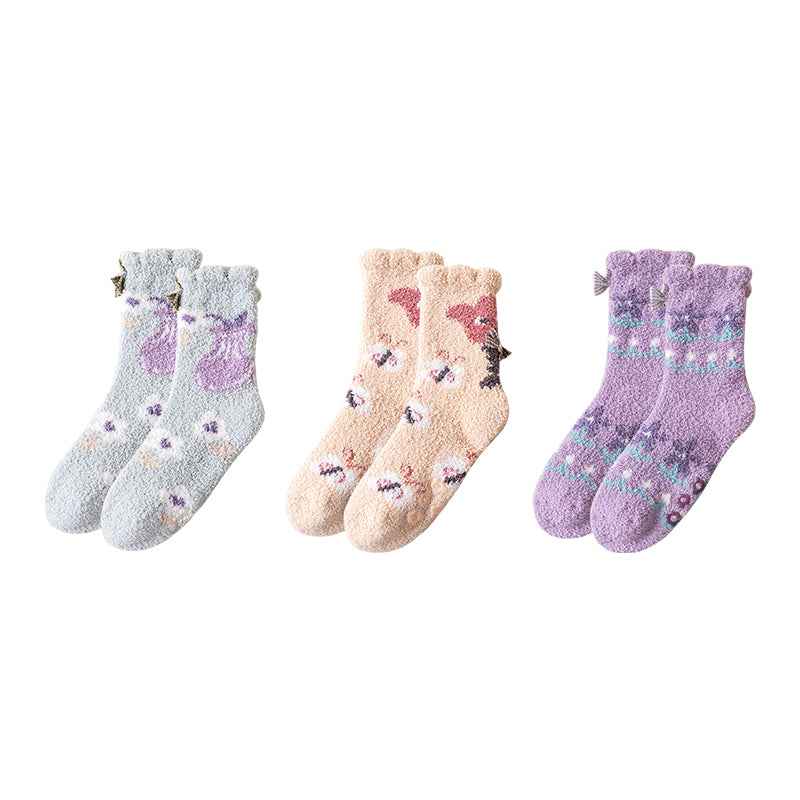 Sweetnana 3-Pack Cozy Crew Socks for Women - Playful Flowers Series Super Soft Fuzzy Winter Stockings - Non-Slip Thickened Slipper Socks