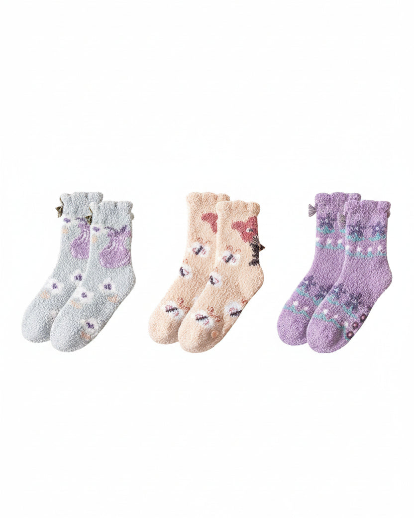 Sweetnana 3-Pack Cozy Crew Socks for Women - Playful Flowers Series Super Soft Fuzzy Winter Stockings - Non-Slip Thickened Slipper Socks