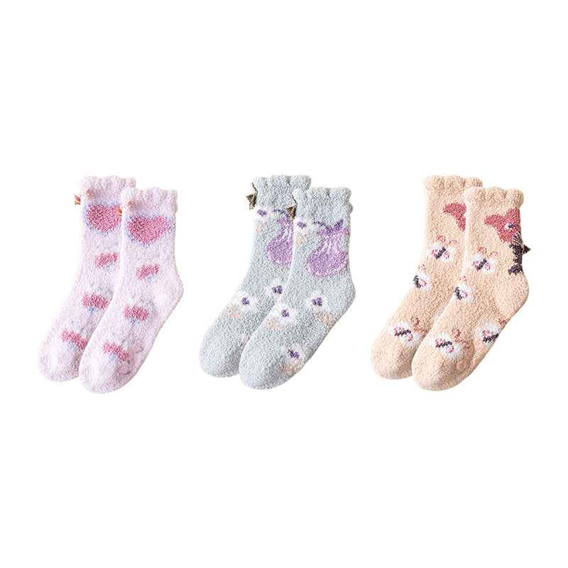 Sweetnana 3-Pack Cozy Crew Socks for Women - Playful Flowers Series Super Soft Fuzzy Winter Stockings - Non-Slip Thickened Slipper Socks