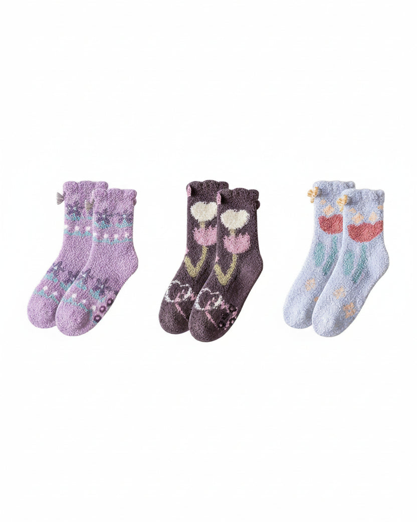 Sweetnana 3-Pack Cozy Crew Socks for Women - Playful Flowers Series Super Soft Fuzzy Winter Stockings - Non-Slip Thickened Slipper Socks