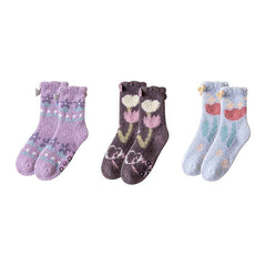 Sweetnana 3-Pack Cozy Crew Socks for Women - Playful Flowers Series Super Soft Fuzzy Winter Stockings - Non-Slip Thickened Slipper Socks