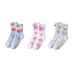 Sweetnana 3-Pack Cozy Crew Socks for Women - Playful Flowers Series Super Soft Fuzzy Winter Stockings - Non-Slip Thickened Slipper Socks
