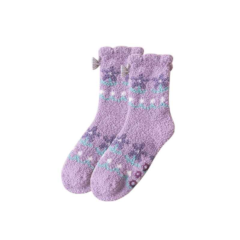 Cozy Crew Socks for Women by Sweetnana - Playful Flowers Series Super Soft Non-Slip Fuzzy Winter Stockings - Thickened Lounge Wear Socks