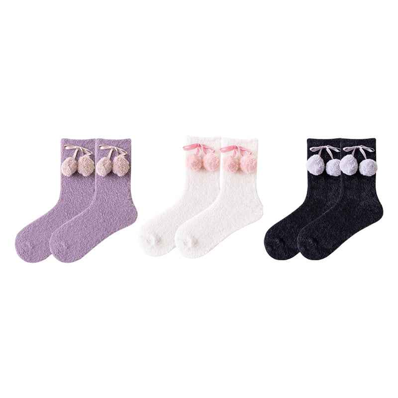 3-Pack Women Crew Socks Pom Pom Series Cozy Thick Soft Fuzzy Cute Socks