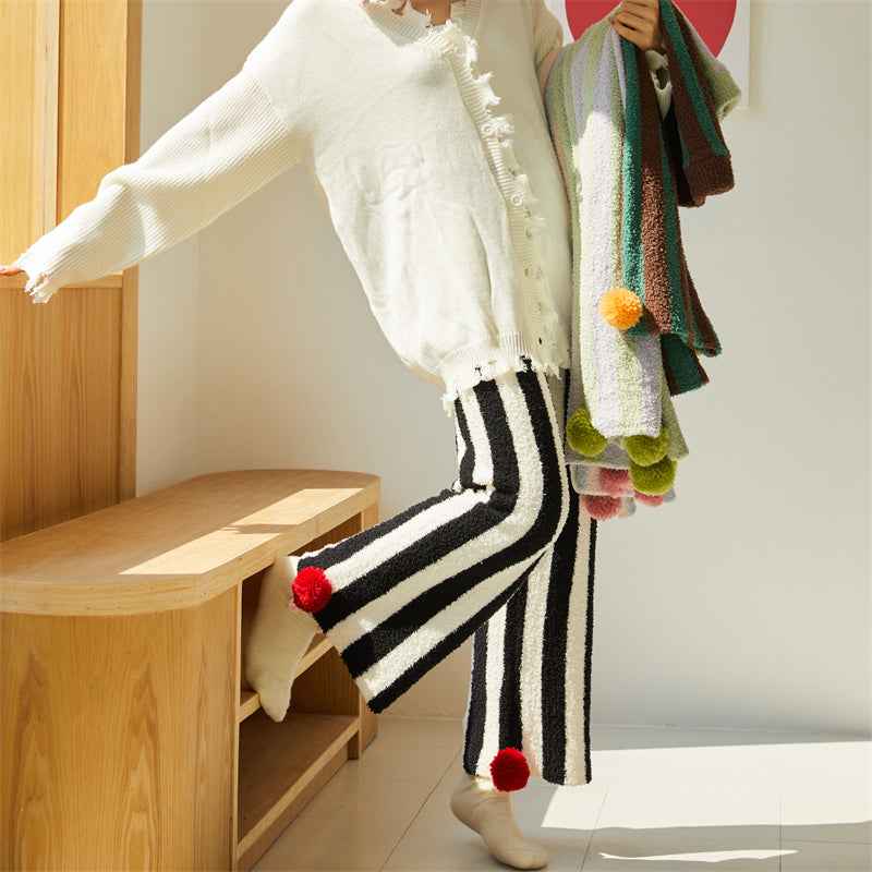 Sweetnana 2024 FW wide stripe series home pants, coral fleece fabric, thickened and warm, Nordic style nine-point pants, cute home pants, also can be worn outside.