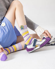 3-Pack Cotton Crew Socks for Women Thin Comfortable Cute Stripe Casual Versatile