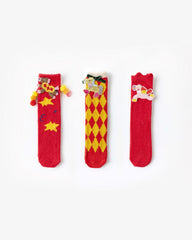 3-Pack New Year 3D Horse Patch Red Socks Combed Cotton Cozy Crew