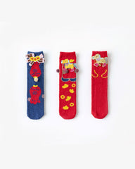 3-Pack New Year 3D Horse Patch Red Socks Combed Cotton Cozy Crew