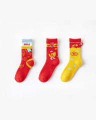 3-Pack New Year Year of Horse Red Socks Combed Cotton Cozy Crew
