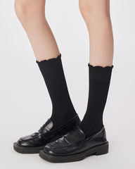 3組合女款棉質中筒襪 基本素色荷葉邊休閒