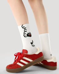 3-Pack Women Crew Socks Red Nose Cat Series Funny Embroidery Socks