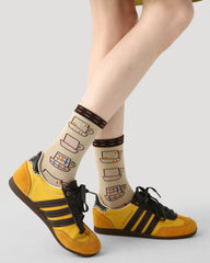 3 Pack Womens Crew Socks Coffee Time Cute Cup Clock Pattern