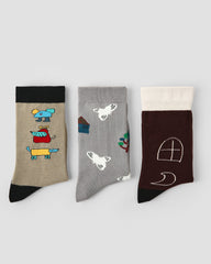 3 Pack Womens Crew Socks Drawing Dream Cottage Cute House Pattern