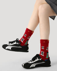 3 Pack Womens Crew Socks House Maze Cartoon Building Animal Pattern