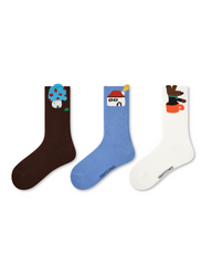 3パック レディース クルーソックス 迷路アドベンチャー 可愛い動物と家のパターン