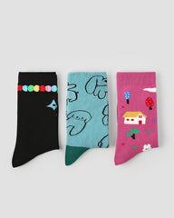 3 Pack Womens Crew Socks Rainbow Animals Cute Cartoon Pattern