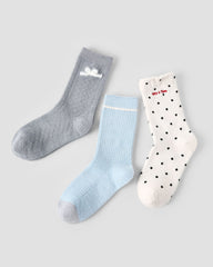 3 Pack Womens Crew Socks Sunny Blue Puff Bow Polka Dot