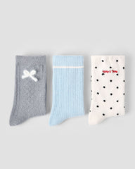 3 Pack Womens Crew Socks Sunny Blue Puff Bow Polka Dot