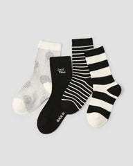 4 Pack Kids Crew Socks Black White Holiday Striped Pattern