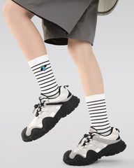 4 Pack Kids Crew Socks Blue Tone Puppy Stripe Cute Dog Pattern Playful