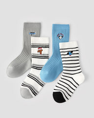 4 Pack Kids Crew Socks Blue Tone Puppy Stripe Cute Dog Pattern Playful