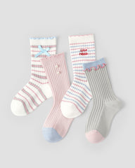 4 Pack Kids Crew Socks Pearl Bunny Pearl Bow Stripe Rabbit Pattern