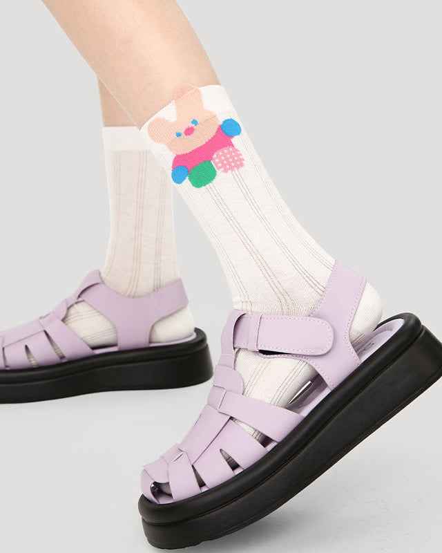 5-Pack Cute Summer Series Women Cotton Crew Socks Cartoon Mesh Stripe