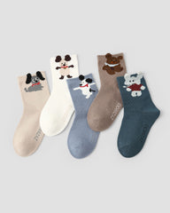 5 Pack Kids Crew Socks Amusement Park Party Cute Puppy Pattern