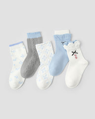 5 Pack Kids Crew Socks Blue Elf Bow Floral Ruffle Combed Cotton
