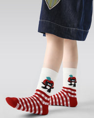 5 Pack Kids Crew Socks Cat Fruit Paradise Cute Black Cat Apple Pattern