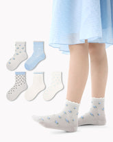 5 Pack Kids Crew Socks Light Blue Flower Language Mesh Breathable