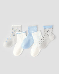 5 Pack Kids Crew Socks Light Blue Flower Language Mesh Breathable