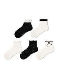 5 Pack Womens Ankle Socks Black White Ruffle Dot Cross Pattern Combed Cotton