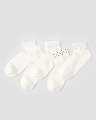 5 Pack Womens Ankle Socks Pure White Ruffle Pearl Dot Pattern Combed Cotton