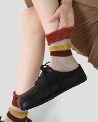 Women Cotton Crew Socks Plush Contrast Color Stitching Thick Warm Retro