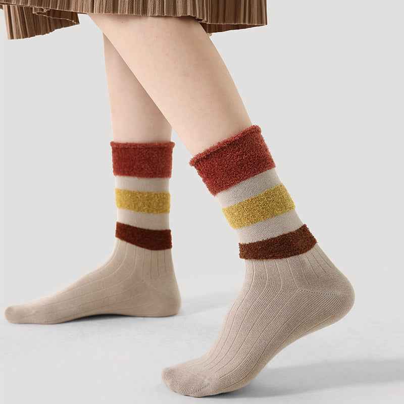Women Cotton Crew Socks Plush Contrast Color Stitching Thick Warm Retro
